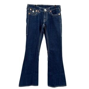 True Religion Joey Super T Flare Jeans Blue Indigo White Stitch USA 24-803NBT2